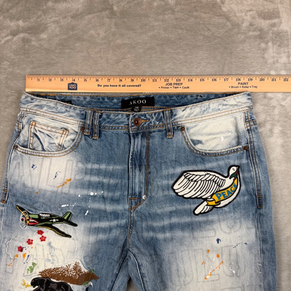 AKOO Mens Distressed Patchwork Jeans Light Wash Paint Splatter Denim Size 38 - Picture 12 of 16